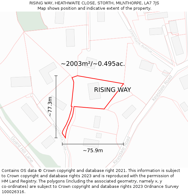 RISING WAY, HEATHWAITE CLOSE, STORTH, MILNTHORPE, LA7 7JS: Plot and title map