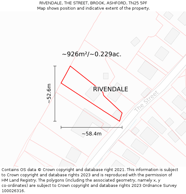 RIVENDALE, THE STREET, BROOK, ASHFORD, TN25 5PF: Plot and title map