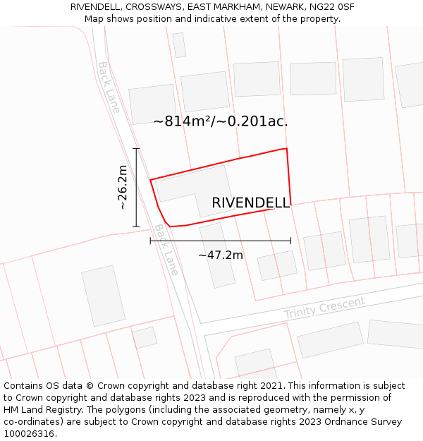 RIVENDELL, CROSSWAYS, EAST MARKHAM, NEWARK, NG22 0SF: Plot and title map