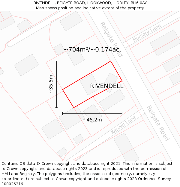 RIVENDELL, REIGATE ROAD, HOOKWOOD, HORLEY, RH6 0AY: Plot and title map