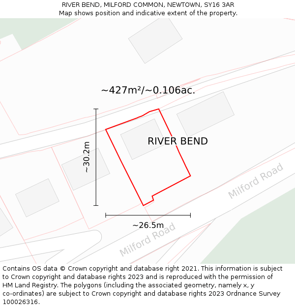 RIVER BEND, MILFORD COMMON, NEWTOWN, SY16 3AR: Plot and title map