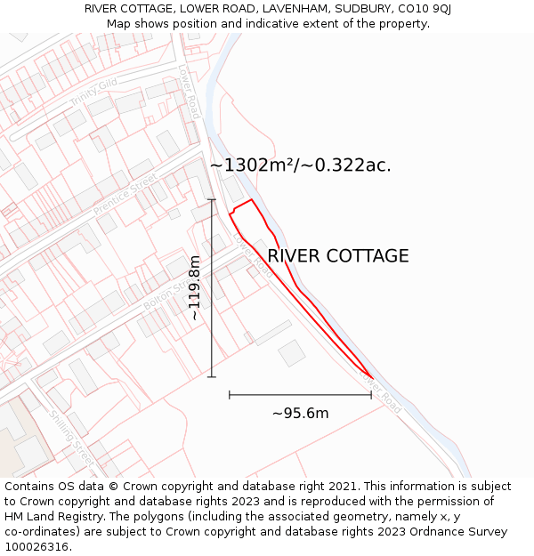 RIVER COTTAGE, LOWER ROAD, LAVENHAM, SUDBURY, CO10 9QJ: Plot and title map