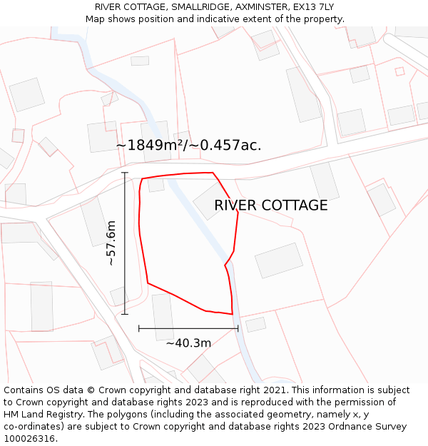 RIVER COTTAGE, SMALLRIDGE, AXMINSTER, EX13 7LY: Plot and title map