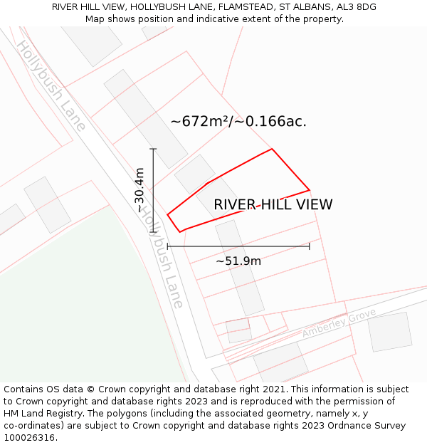 RIVER HILL VIEW, HOLLYBUSH LANE, FLAMSTEAD, ST ALBANS, AL3 8DG: Plot and title map