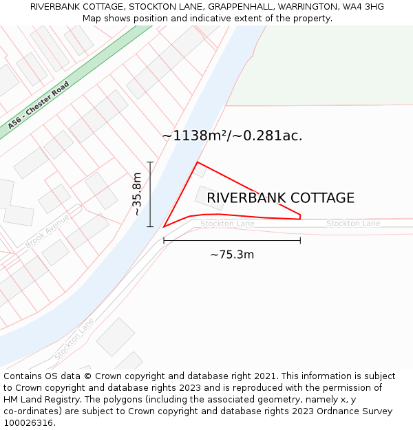 RIVERBANK COTTAGE, STOCKTON LANE, GRAPPENHALL, WARRINGTON, WA4 3HG: Plot and title map