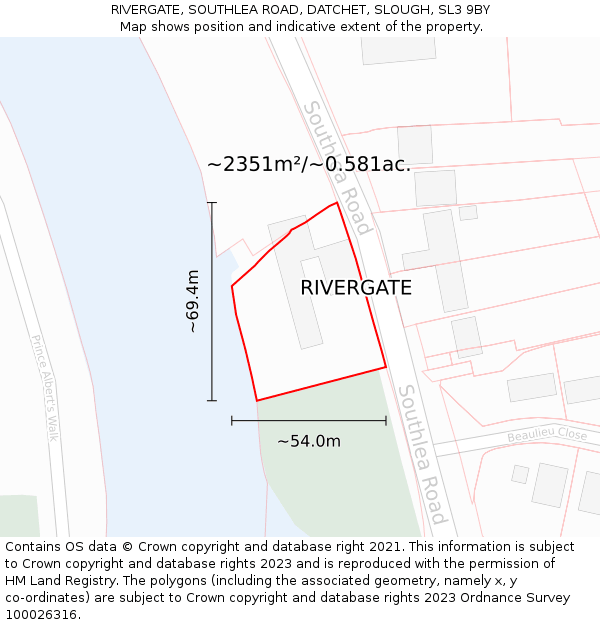 RIVERGATE, SOUTHLEA ROAD, DATCHET, SLOUGH, SL3 9BY: Plot and title map