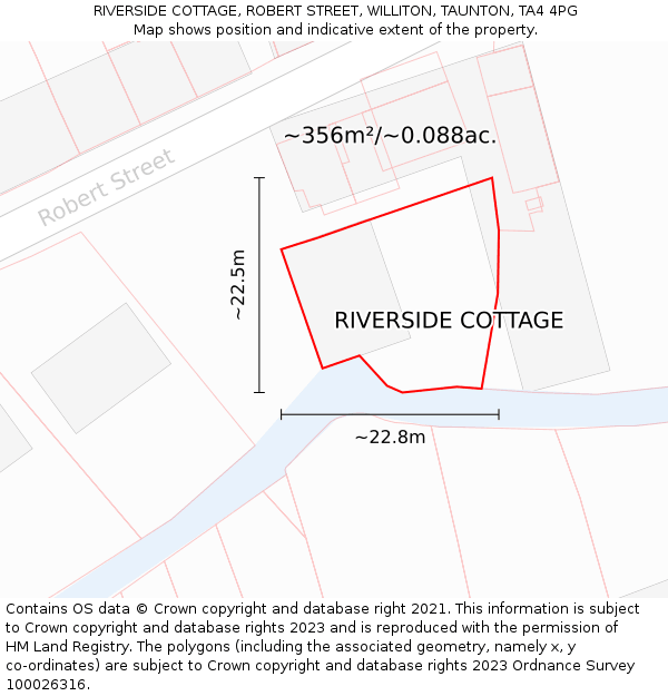 RIVERSIDE COTTAGE, ROBERT STREET, WILLITON, TAUNTON, TA4 4PG: Plot and title map