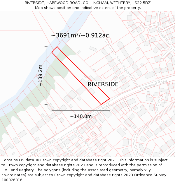 RIVERSIDE, HAREWOOD ROAD, COLLINGHAM, WETHERBY, LS22 5BZ: Plot and title map