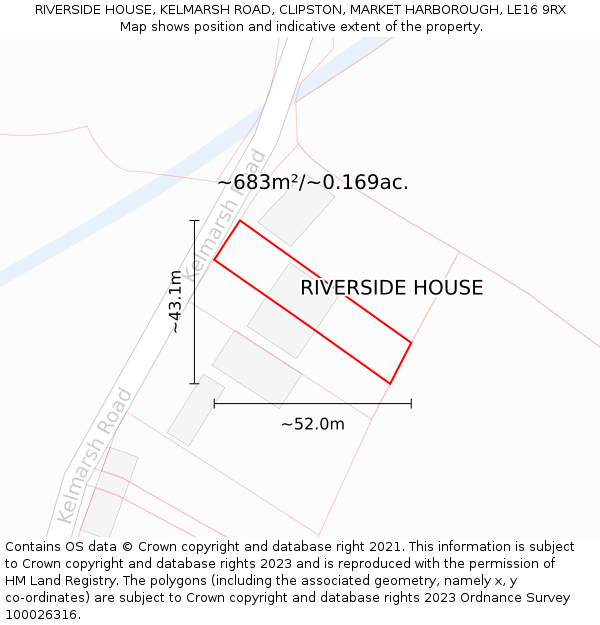 RIVERSIDE HOUSE, KELMARSH ROAD, CLIPSTON, MARKET HARBOROUGH, LE16 9RX: Plot and title map