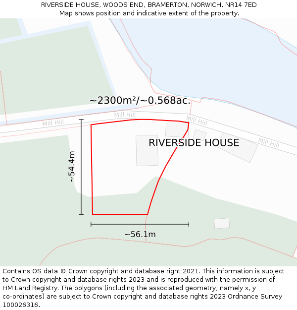 RIVERSIDE HOUSE, WOODS END, BRAMERTON, NORWICH, NR14 7ED: Plot and title map