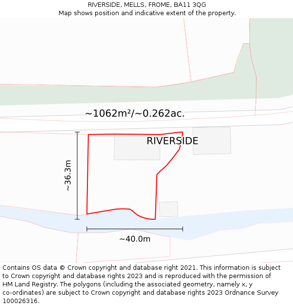 RIVERSIDE, MELLS, FROME, BA11 3QG: Plot and title map