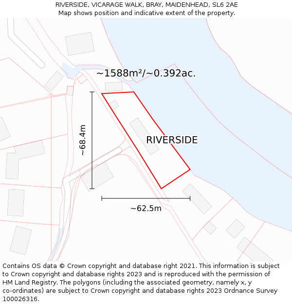 RIVERSIDE, VICARAGE WALK, BRAY, MAIDENHEAD, SL6 2AE: Plot and title map