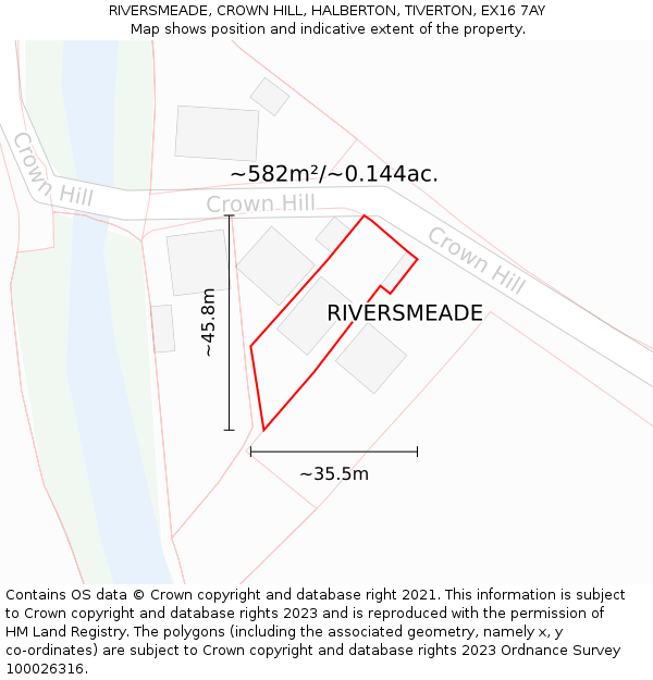 RIVERSMEADE, CROWN HILL, HALBERTON, TIVERTON, EX16 7AY: Plot and title map