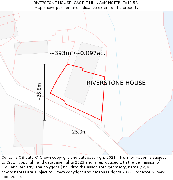 RIVERSTONE HOUSE, CASTLE HILL, AXMINSTER, EX13 5RL: Plot and title map