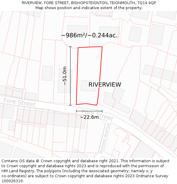 RIVERVIEW, FORE STREET, BISHOPSTEIGNTON, TEIGNMOUTH, TQ14 9QP: Plot and title map