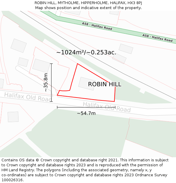 ROBIN HILL, MYTHOLME, HIPPERHOLME, HALIFAX, HX3 8PJ: Plot and title map