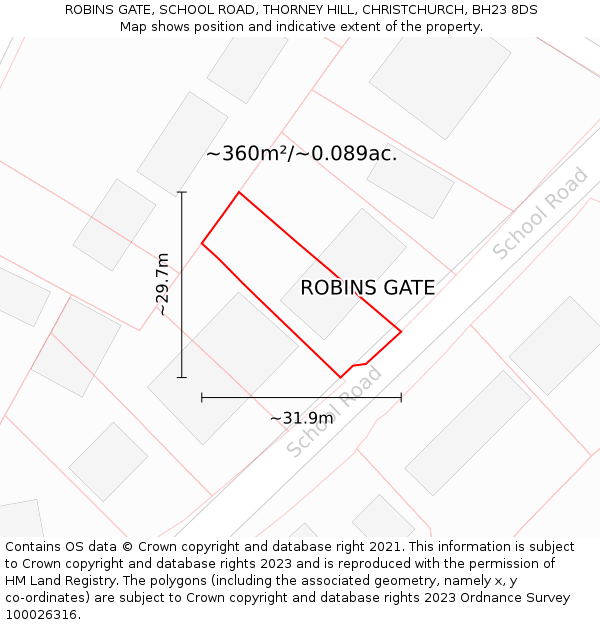 ROBINS GATE, SCHOOL ROAD, THORNEY HILL, CHRISTCHURCH, BH23 8DS: Plot and title map