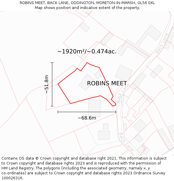 ROBINS MEET, BACK LANE, ODDINGTON, MORETON-IN-MARSH, GL56 0XL: Plot and title map