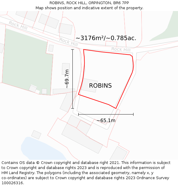 ROBINS, ROCK HILL, ORPINGTON, BR6 7PP: Plot and title map