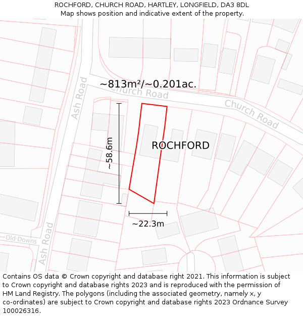 ROCHFORD, CHURCH ROAD, HARTLEY, LONGFIELD, DA3 8DL: Plot and title map