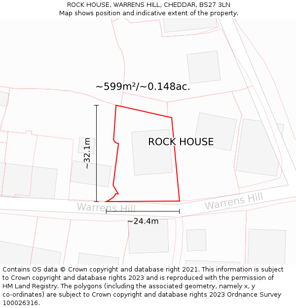 ROCK HOUSE, WARRENS HILL, CHEDDAR, BS27 3LN: Plot and title map