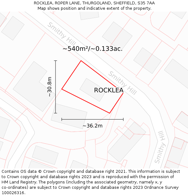 ROCKLEA, ROPER LANE, THURGOLAND, SHEFFIELD, S35 7AA: Plot and title map