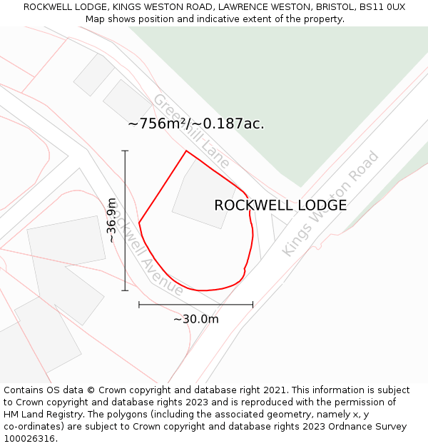 ROCKWELL LODGE, KINGS WESTON ROAD, LAWRENCE WESTON, BRISTOL, BS11 0UX: Plot and title map