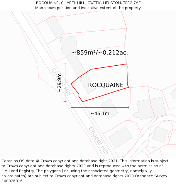ROCQUAINE, CHAPEL HILL, GWEEK, HELSTON, TR12 7AE: Plot and title map