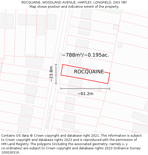 ROCQUAINE, WOODLAND AVENUE, HARTLEY, LONGFIELD, DA3 7BY: Plot and title map