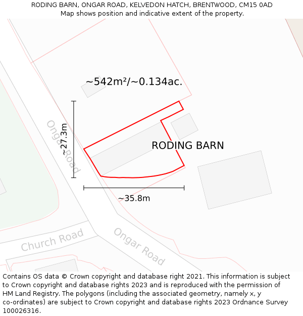 RODING BARN, ONGAR ROAD, KELVEDON HATCH, BRENTWOOD, CM15 0AD: Plot and title map