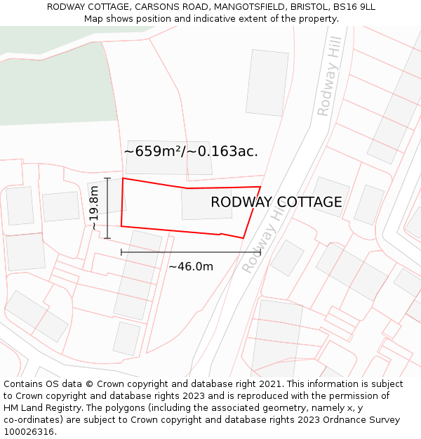 RODWAY COTTAGE, CARSONS ROAD, MANGOTSFIELD, BRISTOL, BS16 9LL: Plot and title map