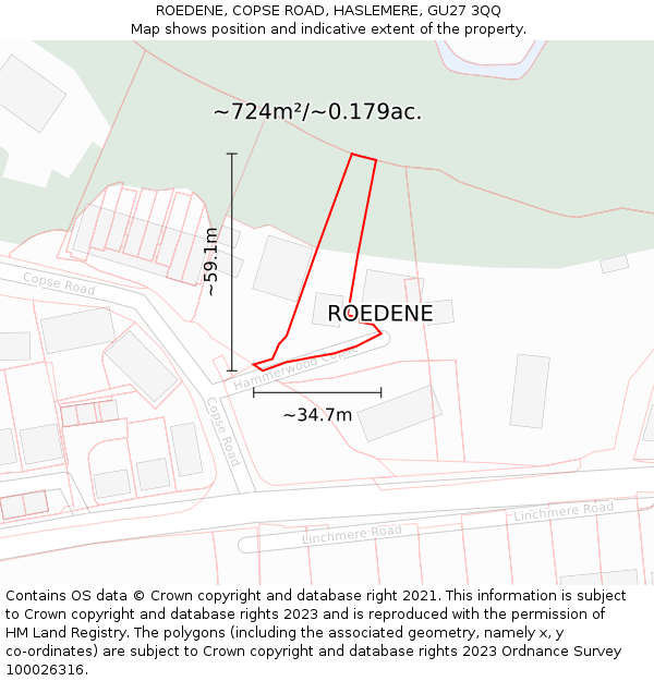 ROEDENE, COPSE ROAD, HASLEMERE, GU27 3QQ: Plot and title map