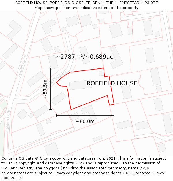 ROEFIELD HOUSE, ROEFIELDS CLOSE, FELDEN, HEMEL HEMPSTEAD, HP3 0BZ: Plot and title map