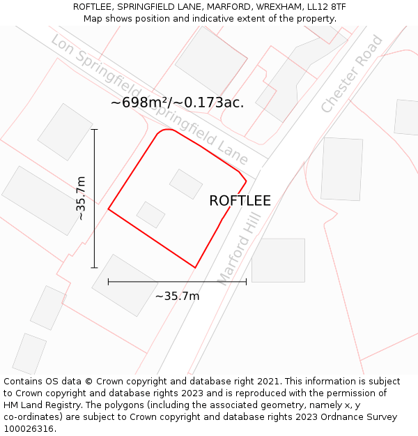 ROFTLEE, SPRINGFIELD LANE, MARFORD, WREXHAM, LL12 8TF: Plot and title map