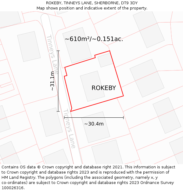 ROKEBY, TINNEYS LANE, SHERBORNE, DT9 3DY: Plot and title map