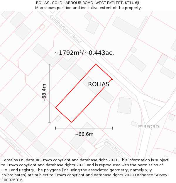 ROLIAS, COLDHARBOUR ROAD, WEST BYFLEET, KT14 6JL: Plot and title map
