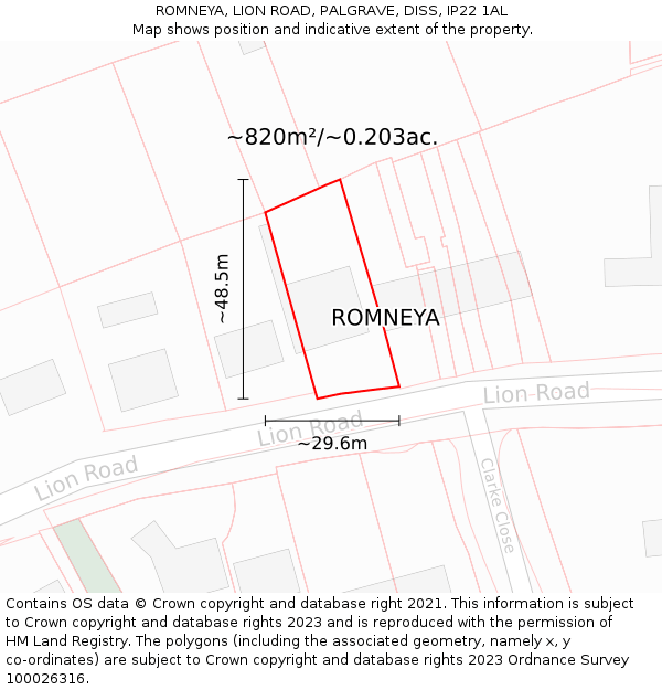 ROMNEYA, LION ROAD, PALGRAVE, DISS, IP22 1AL: Plot and title map