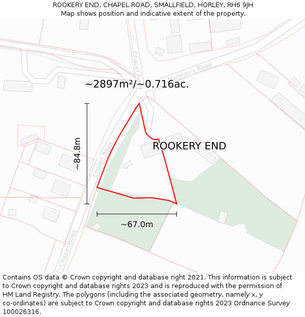 ROOKERY END, CHAPEL ROAD, SMALLFIELD, HORLEY, RH6 9JH: Plot and title map