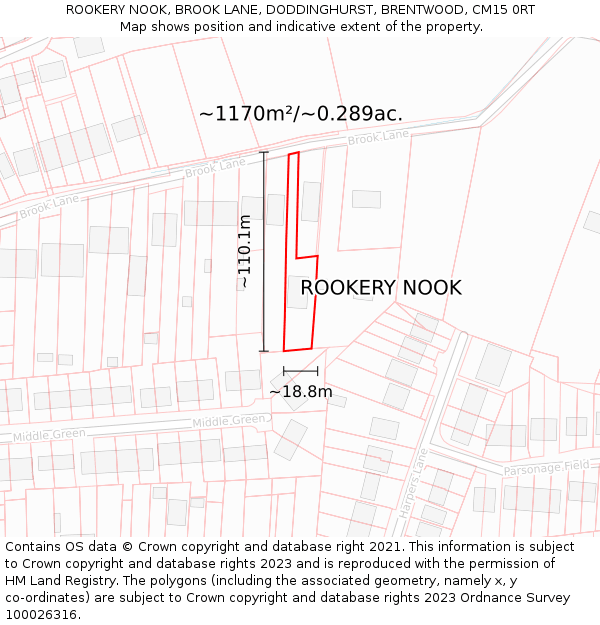 ROOKERY NOOK, BROOK LANE, DODDINGHURST, BRENTWOOD, CM15 0RT: Plot and title map
