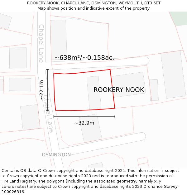 ROOKERY NOOK, CHAPEL LANE, OSMINGTON, WEYMOUTH, DT3 6ET: Plot and title map