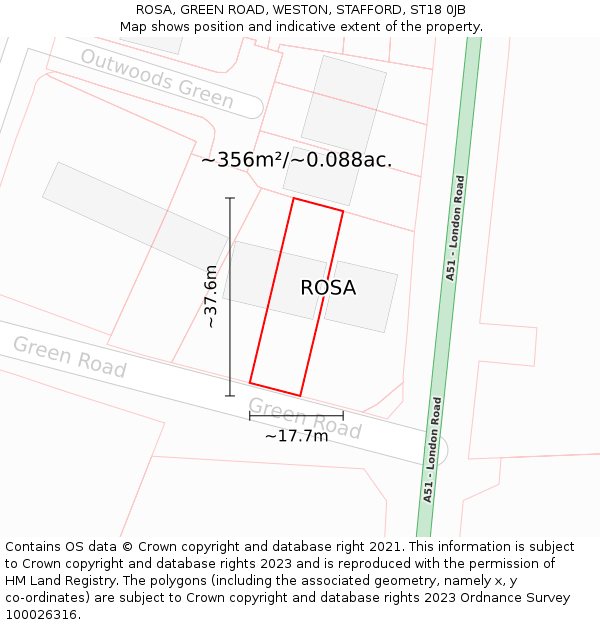 ROSA, GREEN ROAD, WESTON, STAFFORD, ST18 0JB: Plot and title map
