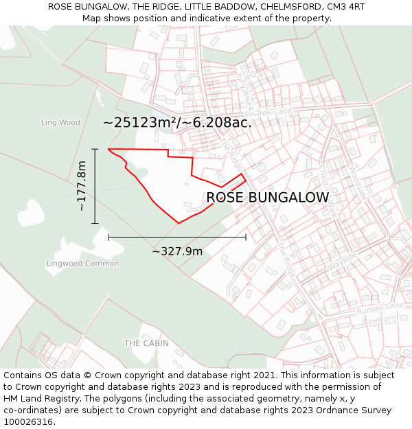 ROSE BUNGALOW, THE RIDGE, LITTLE BADDOW, CHELMSFORD, CM3 4RT: Plot and title map