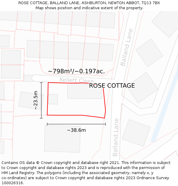 ROSE COTTAGE, BALLAND LANE, ASHBURTON, NEWTON ABBOT, TQ13 7BX: Plot and title map