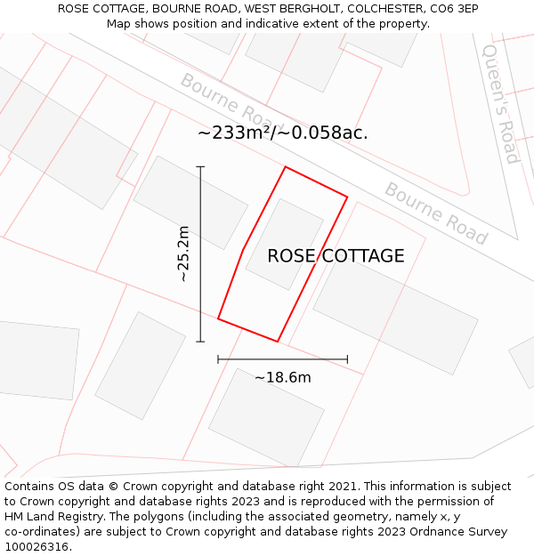 ROSE COTTAGE, BOURNE ROAD, WEST BERGHOLT, COLCHESTER, CO6 3EP: Plot and title map