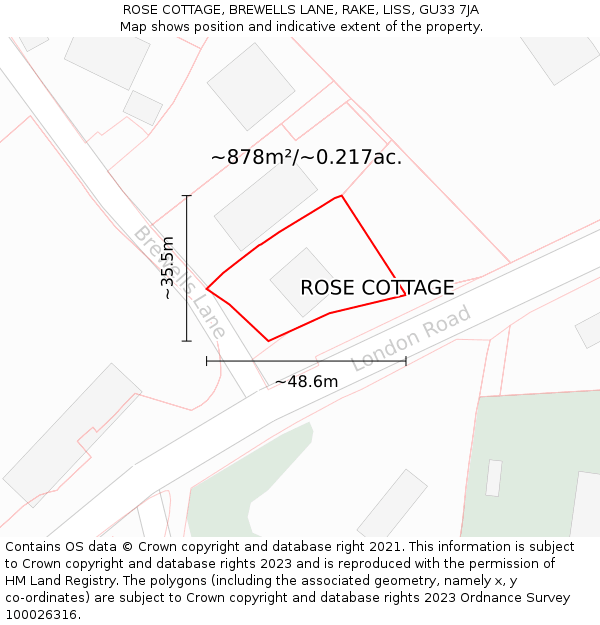 ROSE COTTAGE, BREWELLS LANE, RAKE, LISS, GU33 7JA: Plot and title map