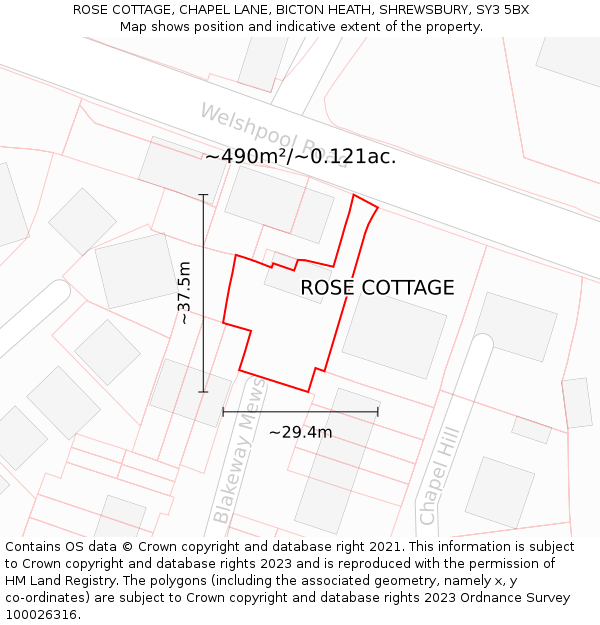 ROSE COTTAGE, CHAPEL LANE, BICTON HEATH, SHREWSBURY, SY3 5BX: Plot and title map