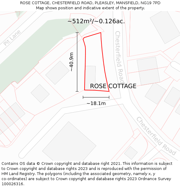 ROSE COTTAGE, CHESTERFIELD ROAD, PLEASLEY, MANSFIELD, NG19 7PD: Plot and title map