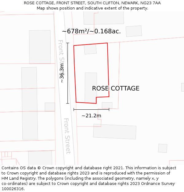 ROSE COTTAGE, FRONT STREET, SOUTH CLIFTON, NEWARK, NG23 7AA: Plot and title map