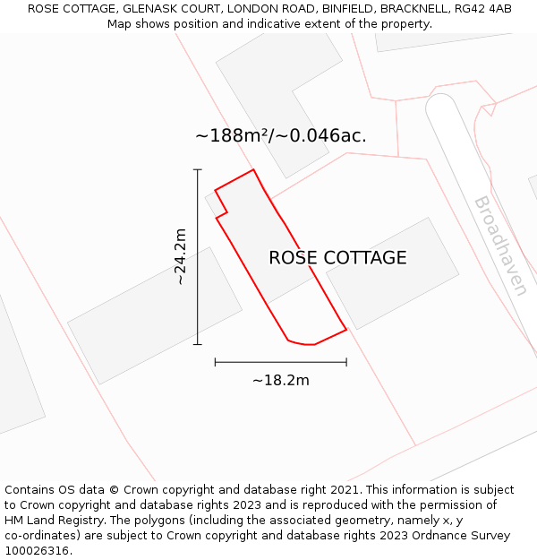 ROSE COTTAGE, GLENASK COURT, LONDON ROAD, BINFIELD, BRACKNELL, RG42 4AB: Plot and title map