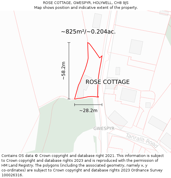 ROSE COTTAGE, GWESPYR, HOLYWELL, CH8 9JS: Plot and title map